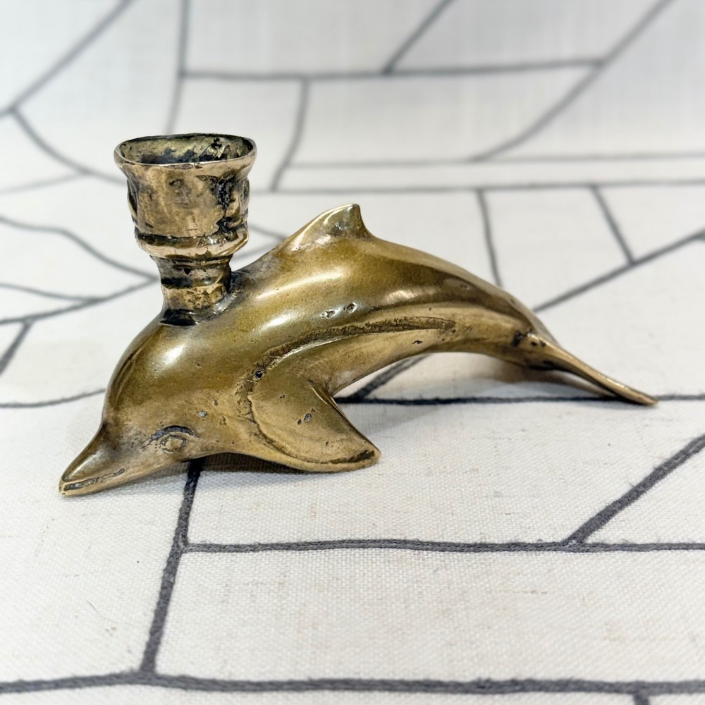 Vintage Brass Dolphin Candle Holder 5.5in Gold Nautical Coastal Decor Figurine